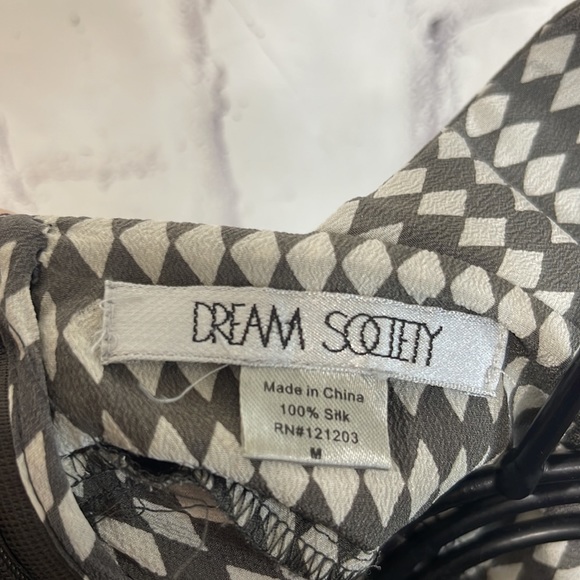 Dream Society Mini Dress Silk Slip Off White Diamond Pattern on Grey Hight Waist - Picture 8 of 9